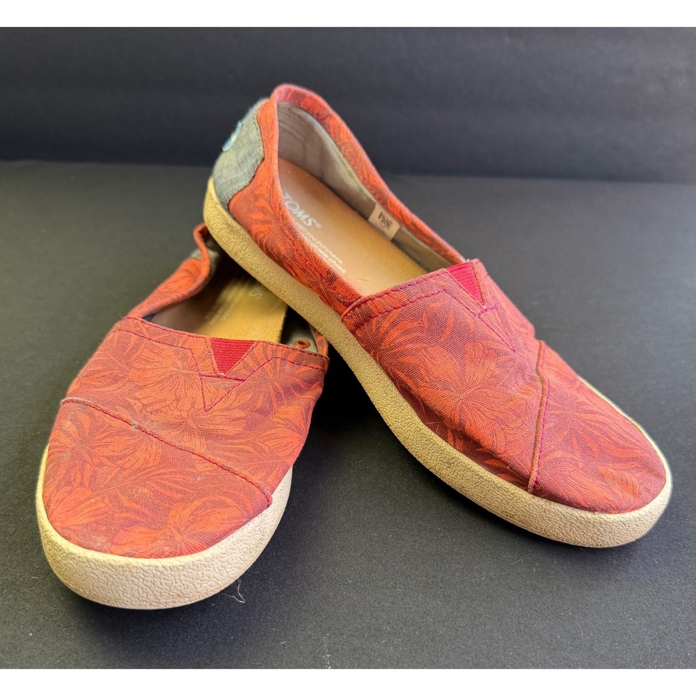 TOMS Womens 8 Red Orange Tropical Floral Alpargata Canvas Slip On Comfort Shoes